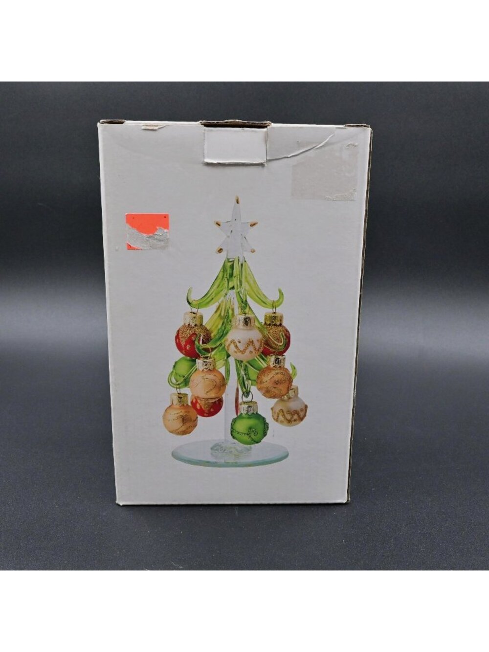 LS Arts Glass Christmas Tree Tabletop Miniature Green with Gold Ornaments Boxed